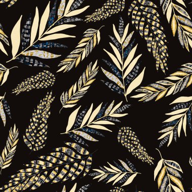 Yaratıcı renkli tropikal yaprakları olan modern, soyut, pürüzsüz desen. Geçmişe dönük parlak yaz geçmişi. Orman yaprakları çizimi. Mayo botanik tasarımı. Antika egzotik baskı.