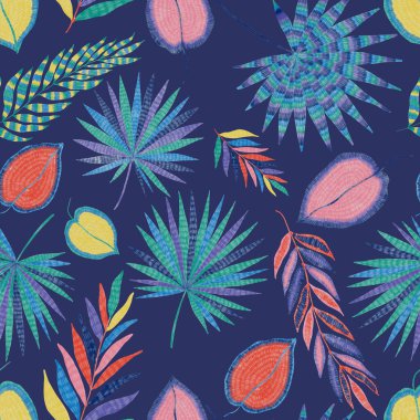 Yaratıcı renkli tropikal yaprakları olan modern, soyut, pürüzsüz desen. Geçmişe dönük parlak yaz geçmişi. Orman yaprakları çizimi. Mayo botanik tasarımı. Antika egzotik baskı.
