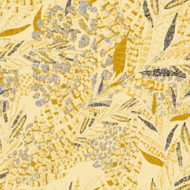 Yaratıcı renkli tropikal yaprakları ve leopar benekleri olan modern soyut ve pürüzsüz desen. Geçmişe dönük parlak yaz geçmişi. Orman yaprakları çizimi. Mayo botanik tasarımı. Antika egzotik baskı.