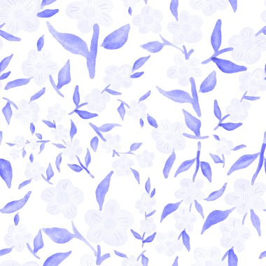 Bahar çiçekleriyle suluboya kusursuz desen. Klasik botanik çizimi. Her türlü tasarım için zarif bir dekorasyon. Renkli ve soyut çiçekli moda baskısı. Suluboya dokusu.