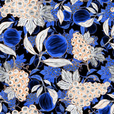 Meyveli, limonlu, portakallı, üzümlü ve narlı yaratıcı kusursuz desen. Yağlı boya etkisi. Parlak yaz baskısı. Her amaç için harika bir tasarım