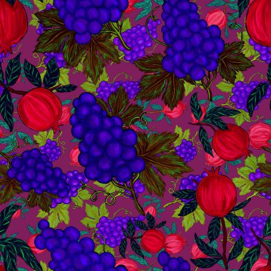 Meyveli, limonlu, portakallı, üzümlü ve narlı yaratıcı kusursuz desen. Yağlı boya etkisi. Parlak yaz baskısı. Her amaç için harika bir tasarım