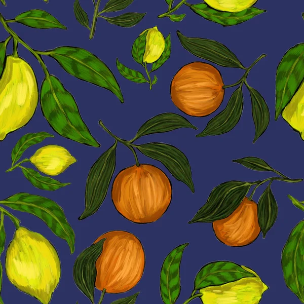 Kreatives Nahtloses Muster Mit Früchten Zitronen Orangen Trauben Und Granatäpfel — Stockfoto