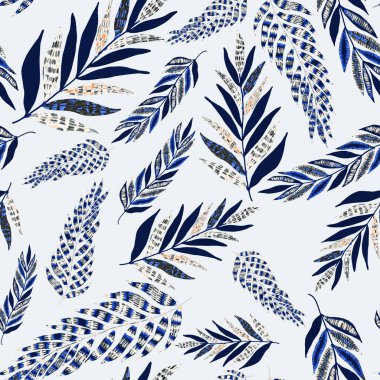 Yaratıcı renkli tropikal yaprakları olan modern, soyut, pürüzsüz desen. Geçmişe dönük parlak yaz geçmişi. Orman yaprakları çizimi. Mayo botanik tasarımı. Antika egzotik baskı.