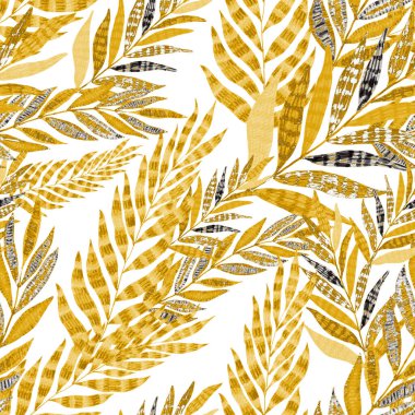 Yaratıcı renkli tropikal yaprakları olan modern, soyut, pürüzsüz desen. Geçmişe dönük parlak yaz geçmişi. Orman yaprakları çizimi. Mayo botanik tasarımı. Antika egzotik baskı.