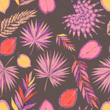 Yaratıcı renkli tropikal yaprakları olan modern, soyut, pürüzsüz desen. Geçmişe dönük parlak yaz geçmişi. Orman yaprakları çizimi. Mayo botanik tasarımı. Antika egzotik baskı.