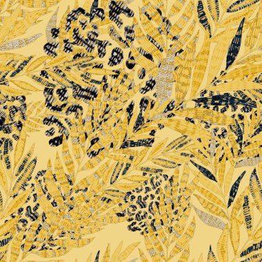 Yaratıcı renkli tropikal yaprakları ve leopar benekleri olan modern soyut ve pürüzsüz desen. Geçmişe dönük parlak yaz geçmişi. Orman yaprakları çizimi. Mayo botanik tasarımı. Antika egzotik baskı.