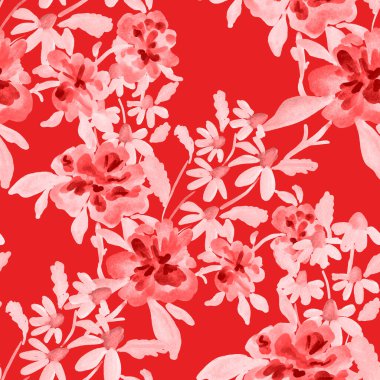 Bahar çiçekleriyle suluboya kusursuz desen. Klasik botanik çizimi. Her türlü tasarım için zarif bir dekorasyon. Renkli ve soyut çiçekli moda baskısı. Suluboya dokusu.