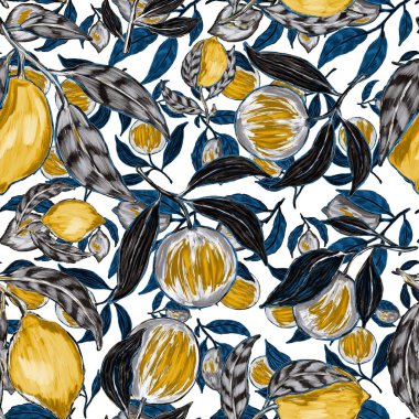 Meyveli, limonlu, portakallı, üzümlü ve narlı yaratıcı kusursuz desen. Yağlı boya etkisi. Parlak yaz baskısı. Her amaç için harika bir tasarım