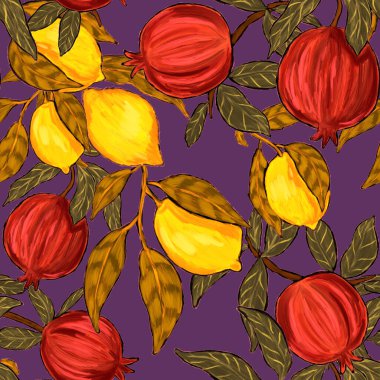 Meyveli, limonlu, portakallı, üzümlü ve narlı yaratıcı kusursuz desen. Yağlı boya etkisi. Parlak yaz baskısı. Her amaç için harika bir tasarım