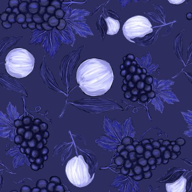 Meyveli, limonlu, portakallı, üzümlü ve narlı yaratıcı kusursuz desen. Yağlı boya etkisi. Parlak yaz baskısı. Her amaç için harika bir tasarım