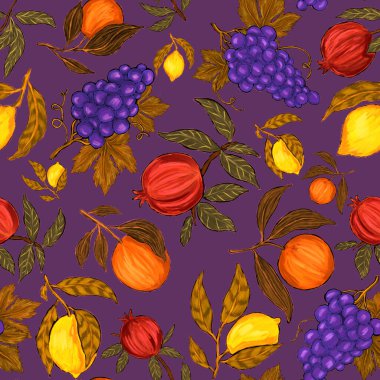 Meyveli, limonlu, portakallı, üzümlü ve narlı yaratıcı kusursuz desen. Yağlı boya etkisi. Parlak yaz baskısı. Her amaç için harika bir tasarım