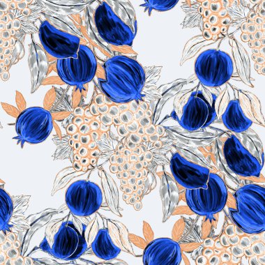 Meyveli, limonlu, portakallı, üzümlü ve narlı yaratıcı kusursuz desen. Yağlı boya etkisi. Parlak yaz baskısı. Her amaç için harika bir tasarım
