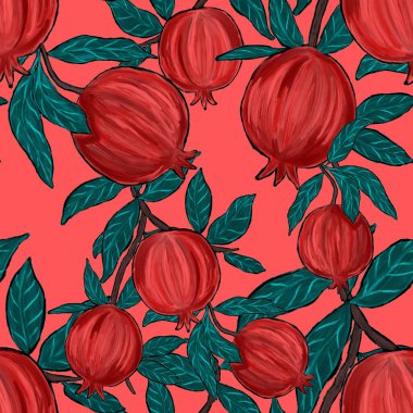 Nar ile yaratıcılığı kusursuz desen. Yağlı boya etkisi. Parlak yaz baskısı. Her amaç için harika bir tasarım