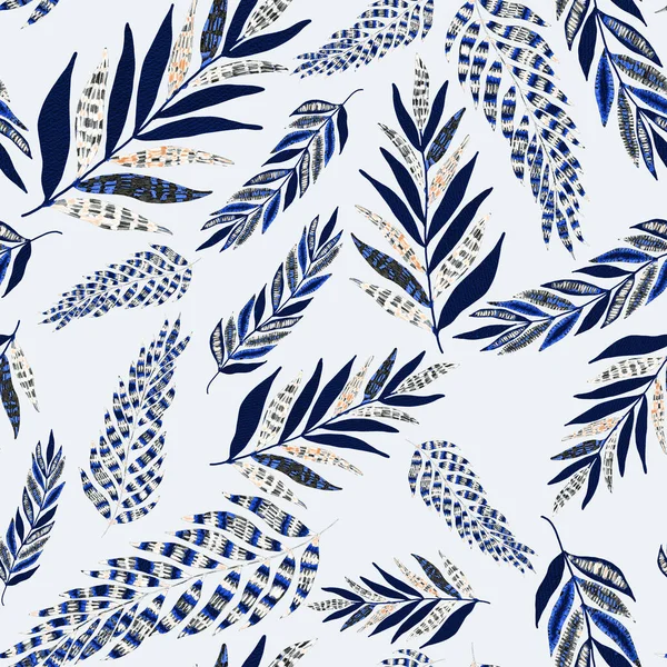 Yaratıcı renkli tropikal yaprakları olan modern, soyut, pürüzsüz desen. Geçmişe dönük parlak yaz geçmişi. Orman yaprakları çizimi. Mayo botanik tasarımı. Antika egzotik baskı.