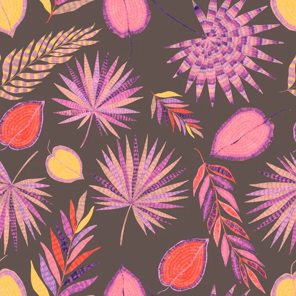 Yaratıcı renkli tropikal yaprakları olan modern, soyut, pürüzsüz desen. Geçmişe dönük parlak yaz geçmişi. Orman yaprakları çizimi. Mayo botanik tasarımı. Antika egzotik baskı.