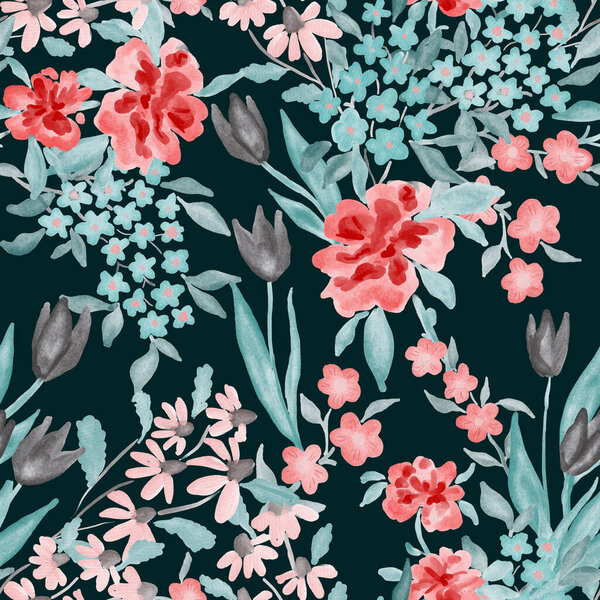 Акварель бесшовный узор с весенними цветочными букетами. Винтажная ботаническая иллюстрация. Элегантное оформление для любого вида дизайна. Мода печать с красочными абстрактными цветами. Акварельная текстура.