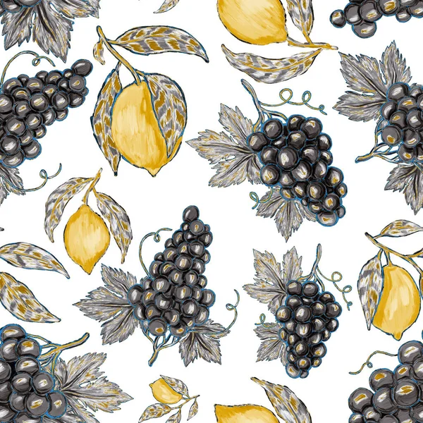 Kreatywny Bezszwowy Wzór Owocami Cytrynami Pomarańczami Winogronami Granatami Efekt Farby — Zdjęcie stockowe