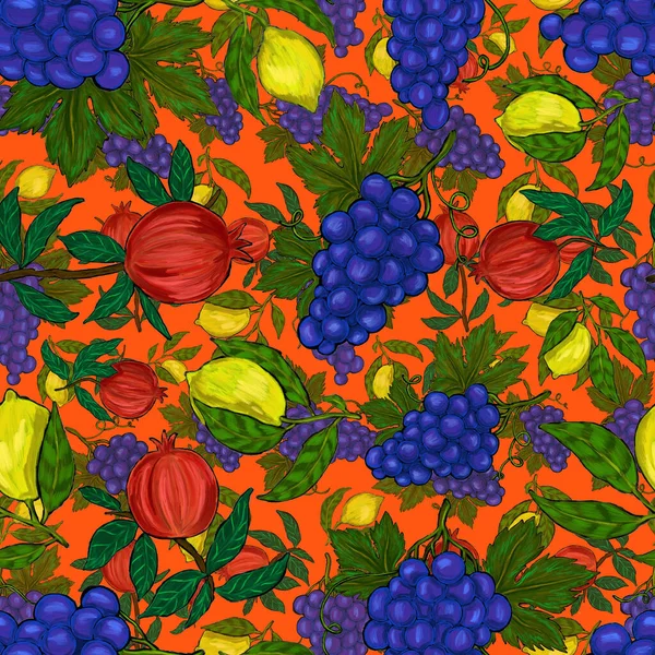 Patrón Creativo Sin Costuras Con Frutas Limones Naranjas Uvas Granadas —  Fotos de Stock