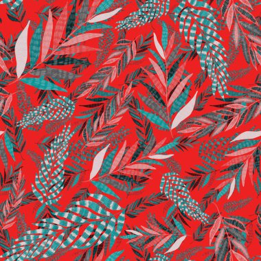 Yaratıcı renkli tropikal yaprakları olan modern, soyut, pürüzsüz desen. Geçmişe dönük parlak yaz geçmişi. Orman yaprakları çizimi. Mayo botanik tasarımı. Antika egzotik baskı.