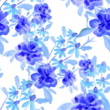 Bahar çiçekleriyle suluboya kusursuz desen. Klasik botanik çizimi. Her türlü tasarım için zarif bir dekorasyon. Renkli ve soyut çiçekli moda baskısı. Suluboya dokusu.