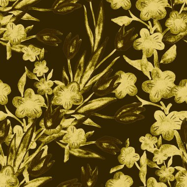 Bahar çiçekleriyle suluboya kusursuz desen. Klasik botanik çizimi. Her türlü tasarım için zarif bir dekorasyon. Renkli ve soyut çiçekli moda baskısı. Suluboya dokusu.