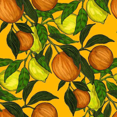 Meyveli, limonlu, portakallı, üzümlü ve narlı yaratıcı kusursuz desen. Yağlı boya etkisi. Parlak yaz baskısı. Her amaç için harika bir tasarım