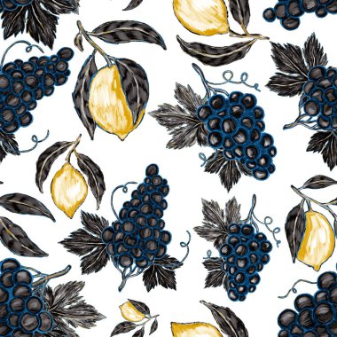 Meyveli, limonlu, portakallı, üzümlü ve narlı yaratıcı kusursuz desen. Yağlı boya etkisi. Parlak yaz baskısı. Her amaç için harika bir tasarım