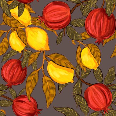 Meyveli, limonlu, portakallı, üzümlü ve narlı yaratıcı kusursuz desen. Yağlı boya etkisi. Parlak yaz baskısı. Her amaç için harika bir tasarım