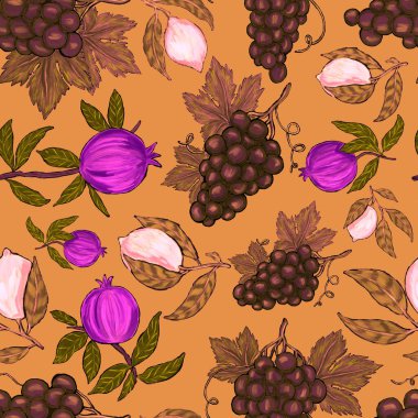 Meyveli, limonlu, portakallı, üzümlü ve narlı yaratıcı kusursuz desen. Yağlı boya etkisi. Parlak yaz baskısı. Her amaç için harika bir tasarım