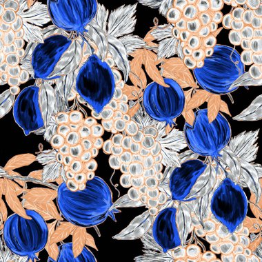 Meyveli, limonlu, portakallı, üzümlü ve narlı yaratıcı kusursuz desen. Yağlı boya etkisi. Parlak yaz baskısı. Her amaç için harika bir tasarım