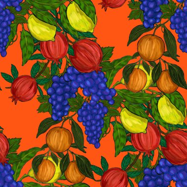 Meyveli, limonlu, portakallı, üzümlü ve narlı yaratıcı kusursuz desen. Yağlı boya etkisi. Parlak yaz baskısı. Her amaç için harika bir tasarım