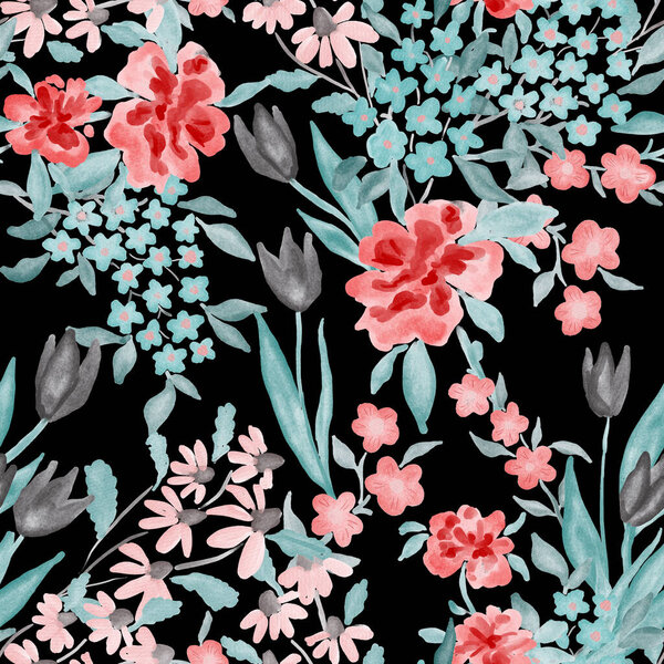 Акварель бесшовный узор с весенними цветочными букетами. Винтажная ботаническая иллюстрация. Элегантное оформление для любого вида дизайна. Мода печать с красочными абстрактными цветами. Акварельная текстура.