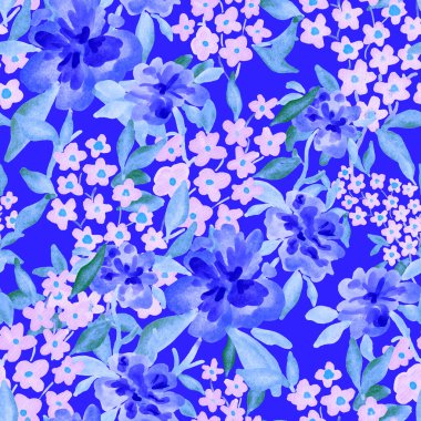 Bahar çiçekleriyle suluboya kusursuz desen. Klasik botanik çizimi. Her türlü tasarım için zarif bir dekorasyon. Renkli ve soyut çiçekli moda baskısı. Suluboya dokusu.