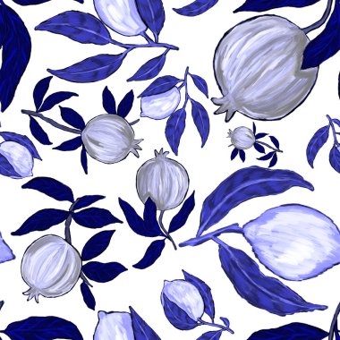 Meyveli, limonlu, portakallı, üzümlü ve narlı yaratıcı kusursuz desen. Yağlı boya etkisi. Parlak yaz baskısı. Her amaç için harika bir tasarım