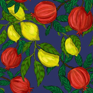 Meyveli, limonlu, portakallı, üzümlü ve narlı yaratıcı kusursuz desen. Yağlı boya etkisi. Parlak yaz baskısı. Her amaç için harika bir tasarım