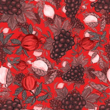 Meyveli, limonlu, portakallı, üzümlü ve narlı yaratıcı kusursuz desen. Yağlı boya etkisi. Parlak yaz baskısı. Her amaç için harika bir tasarım