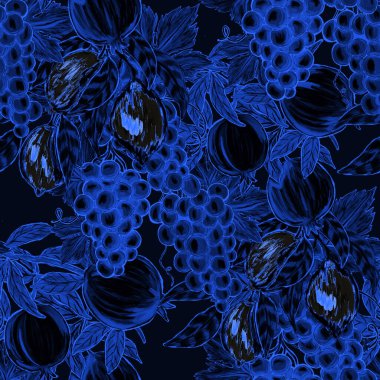 Meyveli, limonlu, portakallı, üzümlü ve narlı yaratıcı kusursuz desen. Yağlı boya etkisi. Parlak yaz baskısı. Her amaç için harika bir tasarım