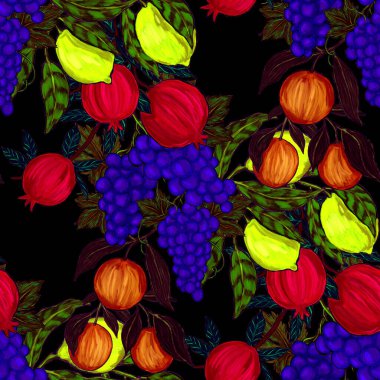 Meyveli, limonlu, portakallı, üzümlü ve narlı yaratıcı kusursuz desen. Yağlı boya etkisi. Parlak yaz baskısı. Her amaç için harika bir tasarım