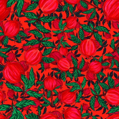 Nar ile yaratıcılığı kusursuz desen. Yağlı boya etkisi. Parlak yaz baskısı. Her amaç için harika bir tasarım