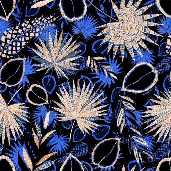 现代抽象无缝图案与创意五彩斑斓的热带树叶 复古明亮的夏天背景 丛生叶图 泳衣的植物设计 老式异国情调印刷品 — 图库照片