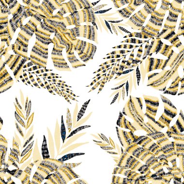 Yaratıcı renkli tropikal yaprakları olan modern, soyut, pürüzsüz desen. Geçmişe dönük parlak yaz geçmişi. Orman yaprakları çizimi. Mayo botanik tasarımı. Antika egzotik baskı.