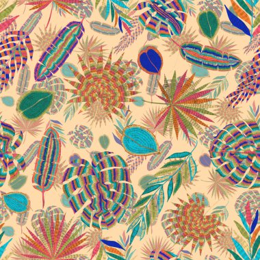 Yaratıcı renkli tropikal yaprakları olan modern, soyut, pürüzsüz desen. Geçmişe dönük parlak yaz geçmişi. Orman yaprakları çizimi. Mayo botanik tasarımı. Antika egzotik baskı.