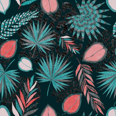 Yaratıcı renkli tropikal yaprakları ve leopar benekleri olan modern soyut ve pürüzsüz desen. Geçmişe dönük parlak yaz geçmişi. Orman yaprakları çizimi. Mayo botanik tasarımı. Antika egzotik baskı.