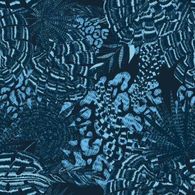 Yaratıcı renkli tropikal yaprakları ve leopar benekleri olan modern soyut ve pürüzsüz desen. Geçmişe dönük parlak yaz geçmişi. Orman yaprakları çizimi. Mayo botanik tasarımı. Antika egzotik baskı.