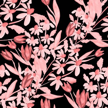 Bahar çiçekleriyle suluboya kusursuz desen. Klasik botanik çizimi. Her türlü tasarım için zarif bir dekorasyon. Renkli ve soyut çiçekli moda baskısı. Suluboya dokusu.