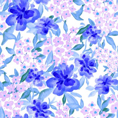 Bahar çiçekleriyle suluboya kusursuz desen. Klasik botanik çizimi. Her türlü tasarım için zarif bir dekorasyon. Renkli ve soyut çiçekli moda baskısı. Suluboya dokusu.