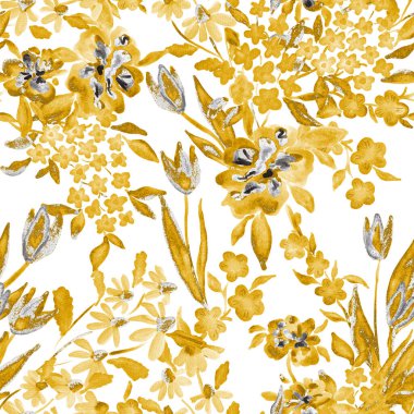 Bahar çiçekleriyle suluboya kusursuz desen. Klasik botanik çizimi. Her türlü tasarım için zarif bir dekorasyon. Renkli ve soyut çiçekli moda baskısı. Suluboya dokusu.