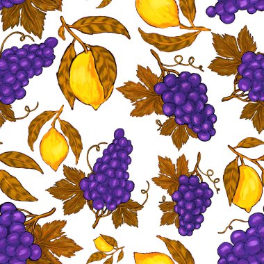 Meyveli, limonlu, portakallı, üzümlü ve narlı yaratıcı kusursuz desen. Yağlı boya etkisi. Parlak yaz baskısı. Her amaç için harika bir tasarım