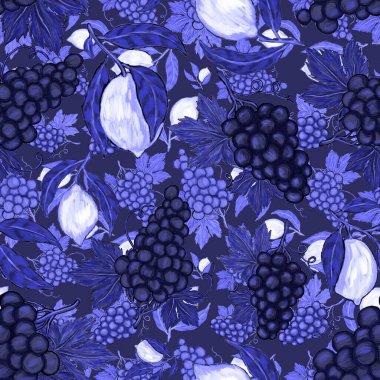 Meyveli, limonlu, portakallı, üzümlü ve narlı yaratıcı kusursuz desen. Yağlı boya etkisi. Parlak yaz baskısı. Her amaç için harika bir tasarım